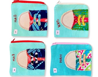 Raw Edge Applique Sneakers Bags - Handmade Lined Cotton Zip Pouch, Make-up Bag, Cosmetic Bag