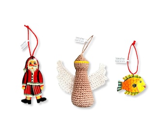 3 Handmade Christmas Ornaments: Santa Metal Art Ornament, Haiti Babi Crochet Angel, & Wood Fish Ornament - Handmade in Haiti  (70135)