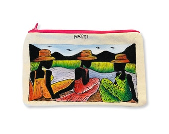 3 Haitian Ladies Down By The River:  Hand painted Zip Bag - Handmade Cotton Zip Pouch, Make-up Bag, Cosmetic Bag
