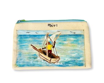 Haitian Men Fishing:  Hand painted Zip Bag - Handmade Cotton Zip Pouch, Make-up Bag, Cosmetic Bag