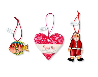 3 Handmade Ornaments: Wood Fish, Stuffed Heart & Steel Drum Santa - Handmade in Haiti  (70147)