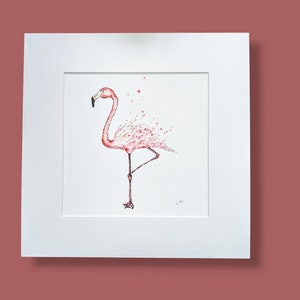 The Flamingo print, watercolour and ink flamingo illustration, giclee mounted print, tropical home decor, painted and printed in the UK