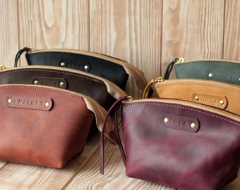 Personalized Leather Makeup Bag, Bridesmaid Gift, Cosmetic Bag