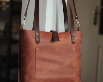Medium Leather Tote Bag for Women – Laptop Work Bag 13–14”, Office Tote, Genuine Leather Shopper, Everyday Work Purse