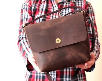 Dark Brown Leather Crossbody Bag. Small Minimalist Leather Purse . Handmade In Vintage Leather.