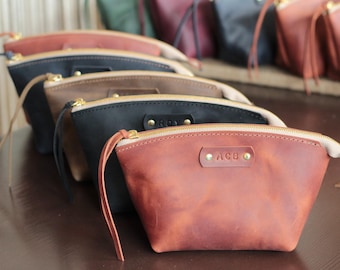 Custom Leather Makeup Bag, Personalized Monogram Gift