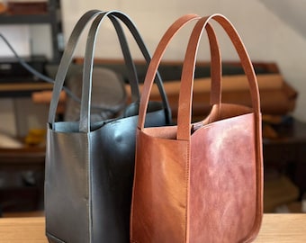 Italian Vegetable Tanned Leather Tote Bag – Hand Stitched Minimalist Square Purse for Women