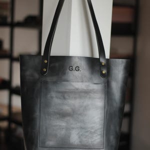 Comparison image of three different sizes of personalized leather tote bags