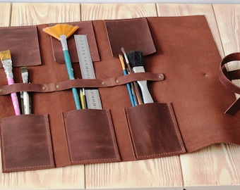 Leather pencil case - gifts for painter, tool roll, artist roll, personalized tools roll, paint brush case, artists roll