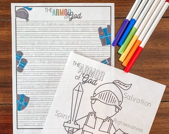 Armor of God Trace and Color Activity Set, Coloring Pages, Bible Verse Tracing Pages, Kids Bible Study Lesson, Sunday School, Homeschool