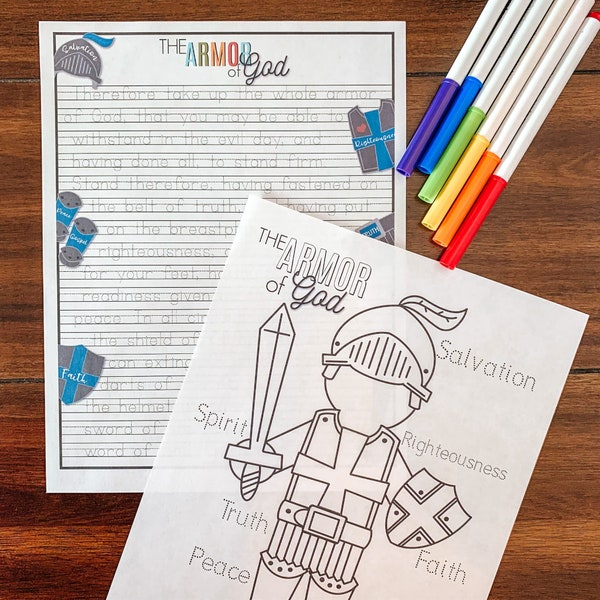 Armor of God Trace and Color Activity Set, Coloring Pages, Bible Verse Tracing Pages, Kids Bible Study Lesson, Sunday School, Homeschool