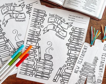 May include: A printable Bible reading tracker with a black and white illustration of a stack of books. The tracker includes a list of books in the Old and New Testaments. The text reads "Read through the Old & New Testament".