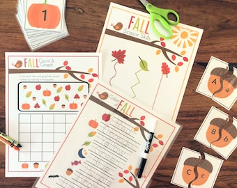 Fall Preschool Activity PRINTABLE Bundle, Alphabet Puzzles, Tracing Worksheet, Fall Colors, Scissor Practice, Pumpkin Number Flashcards,