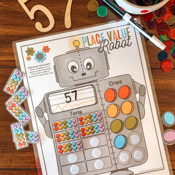 Place Value Counting Activity, Printable Kids Robot Math Game, Kindergarten, First Grade Math Lesson, Homeschool Worksheet, Count By Tens