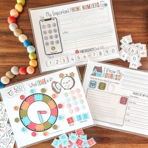 Lebensfertigkeiten für Kinder druckbare Bundle, lernen, Zeit zu sagen, Telefonnummer Spiel, Adress-Aktivität, Vorschul Ausdrucke, Homeschool Curiculum