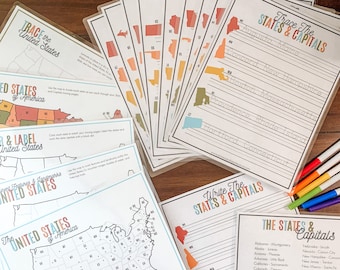 Bundesstaaten und Hauptstädte Aktivitätspaket, druckbares USA-Lernpaket, Kindergeographie, US-Karten, staatliche Tracing-Praxis, Homeschool