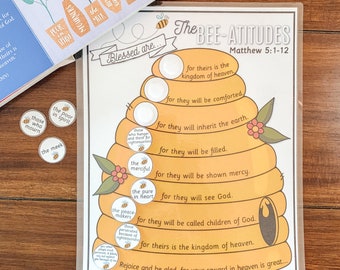 Aktywność dla dzieci Beatitudes, gra z wersetami biblijnymi do druku, studium biblijne dla dzieci, werset do zapamiętania, aktywność z pszczołami, kazanie na górze, chrześcijaństwo