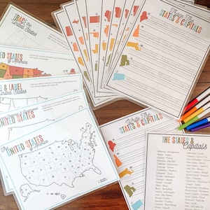 States And Capitals Activity BUNDLE, Printable United States Learning Pack, Kids Geography, U.S. Maps, State Tracing Practice, Homeschool