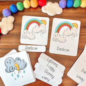 Conjunto de actividades meteorológicas, tarjetas meteorológicas imprimibles de 3 partes, página de vocabulario de seguimiento, aula de educación en el hogar, plan de estudios preescolar, ciencias de preescolar
