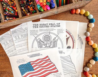 Attività stampabili sui simboli patriottici degli Stati Uniti, Giuramento di fedeltà, Bandiera degli Stati Uniti, Gran Sigillo, Studio di educazione civica e storia degli Stati Uniti, Giorno dell'Indipendenza (4 luglio)