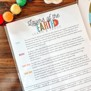 May include: A colorful educational worksheet with the title "Layers of the Earth Learn & Trace". The worksheet explains the different layers of the Earth: crust, mantle, outer core, and inner core. Each layer is described with its composition, thickness, and key features.