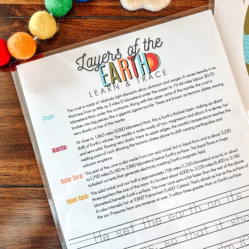 May include: A colorful educational worksheet with the title "Layers of the Earth Learn & Trace". The worksheet explains the different layers of the Earth: crust, mantle, outer core, and inner core. Each layer is described with its composition, thickness, and key features.