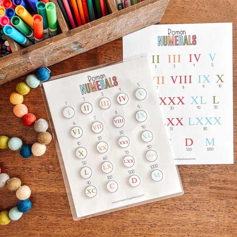 May include: A set of colorful Roman numeral flashcards with corresponding numbers printed on each card. The cards are arranged in order from 1 to 1000. The cards are on a wooden table with a string of colorful pom-poms.