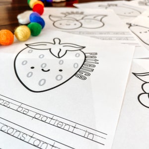 May include: Black and white printable coloring page featuring a cartoon strawberry with the word "Patience" written on it. The page includes the sentence "be patient in" and "constant" written on it.