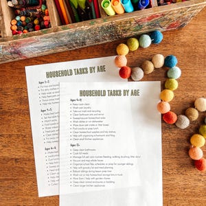 May include: A printable chart with a list of household tasks by age, from ages 2-3 to ages 13 and up. The chart is printed on white paper and is sitting on a wooden table. There are colorful markers and crayons in a wooden box in the background.