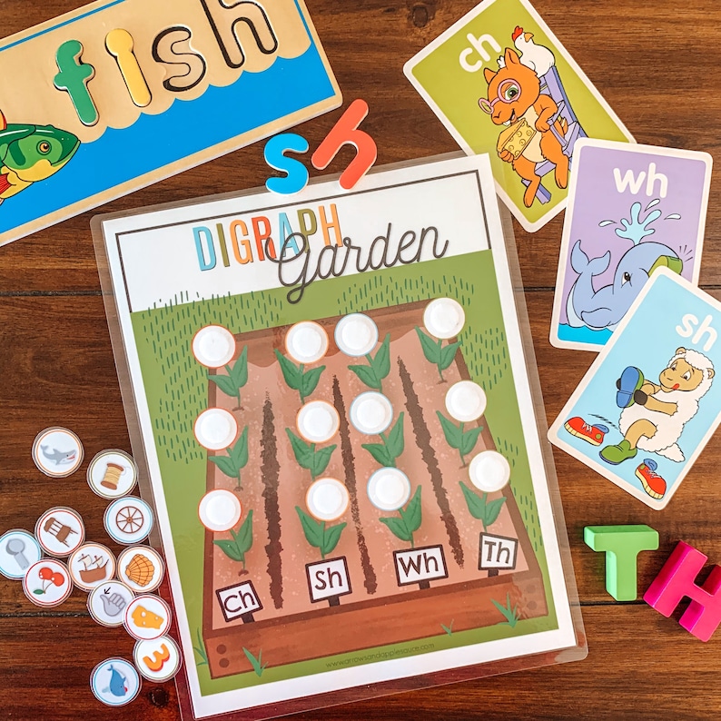 K&ouml;nnte beinhalten: Ein druckbares Digraphen-Gartenspiel mit gr&uuml;nem Hintergrund und brauner Erde. Das Spiel verf&uuml;gt &uuml;ber 15 wei&szlig;e Kreise, die Blumen darstellen, und f&uuml;nf Reihen von Pflanzen. Die unterste Reihe hat Beschriftungen f&uuml;r die Digraphen: "Ch", "Sh", "Wh" und "Th".
