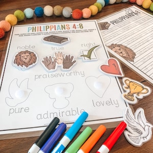 Bible Verse Activity, Philippians 4:8, Printable Kids Bible Study, Bible Matching Worksheet, Memory Verse Tracing, Christian Kids Bible Game