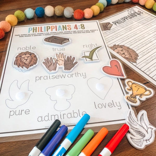 Bible Verse Activity, Philippians 4:8, Printable Kids Bible Study, Bible Matching Worksheet, Memory Verse Tracing, Christian Kids Bible Game