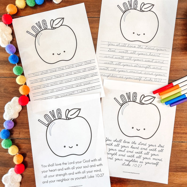 May include: Printable coloring page featuring a red apple with a smiling face and the text "Love" above it. The page includes the Bible verse "You shall love the Lord your God with all your heart and with all your soul and with all your strength and with all your mind, and your neighbor as yourself. Luke 10:27."