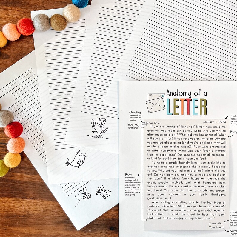 May include: A printable worksheet titled "Anatomy of a Letter" with a colorful illustration of an envelope. The worksheet provides a guide for writing a letter, including sections for greeting, body, closing, and date. It also includes tips for writing different types of sentences, such as questions, commands, exclamations, and statements.