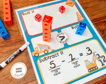 Subtraction Activity, Math Dice Game Printable, Homeschool Worksheet, Kids Math Activity, Kindergarten Counting Practice, Number Sense Game