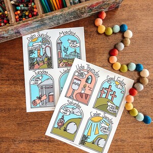 May include: A printable set of eight illustrated cards depicting the events of Holy Week, including Palm Sunday, Monday, Tuesday, Wednesday, Holy Thursday, Good Friday, Saturday, and Easter Sunday. Each card features a colorful illustration and text describing the event.