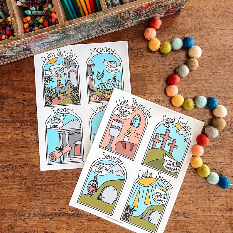 May include: A printable set of eight illustrated cards depicting the events of Holy Week, including Palm Sunday, Monday, Tuesday, Wednesday, Holy Thursday, Good Friday, Saturday, and Easter Sunday. Each card features a colorful illustration and text describing the event.