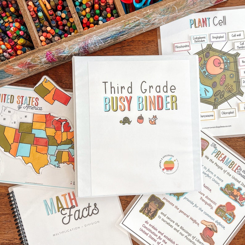 May include: A white binder with the text "Third Grade Busy Binder" in colorful letters. The binder is open to reveal a page with a plant cell diagram and a page with a US map.