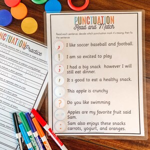 May include: A printable worksheet with colorful circles and punctuation marks. The worksheet is titled "Punctuation Read and Match". The worksheet has sentences with missing punctuation marks. The student must match the correct punctuation mark to each sentence.