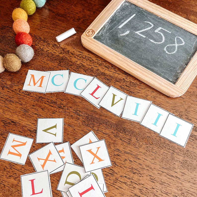 May include: A set of colorful alphabet tiles spelling out the Roman numeral for 1258, "MCCLVI VIII", on a wooden surface. A small chalkboard with the number "1258" written on it is in the top right corner of the image.