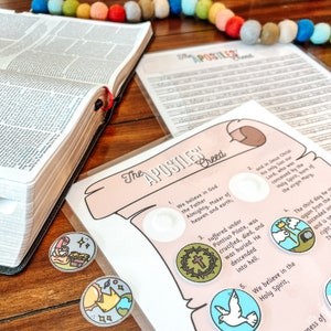 Zestaw aktywności do druku Wyznanie Apostolskie, lekcja teologii, historia Kościoła, śledzenie wersetów biblijnych, niedzielna szkoła dla dzieci, domowe studium Biblii