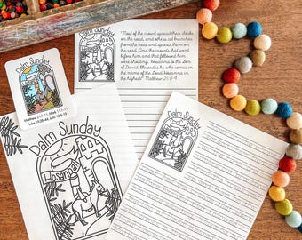 May include: A black and white printable coloring page featuring a scene of Jesus riding a donkey with palm branches and the words "Palm Sunday" and "Hosanna!"  The page includes scripture references for Matthew 21:1-11, Mark 11:1-11, Luke 19:28-44, and John 12:9-19.