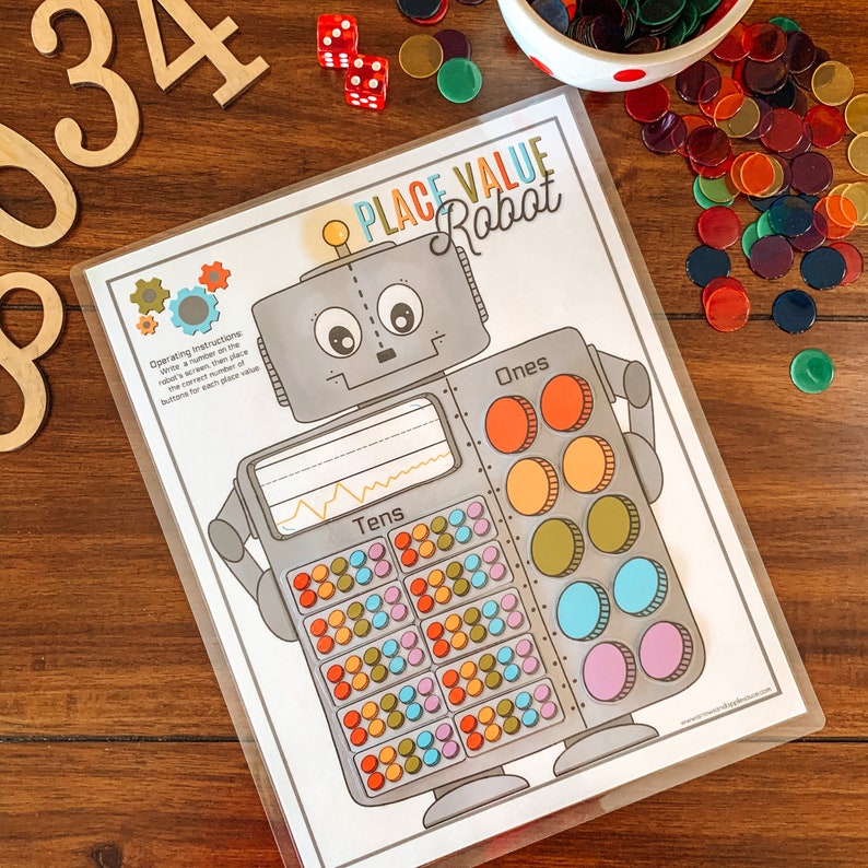 place value counting activity printable kids robot math game etsy