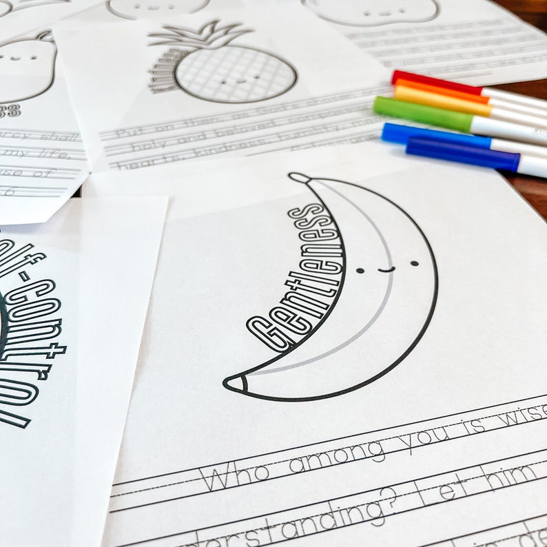 May include: Black and white printable worksheet featuring a banana with the word "Gentleness" written on it. The worksheet includes the phrase "Who among you is wise?" and lined spaces for writing.