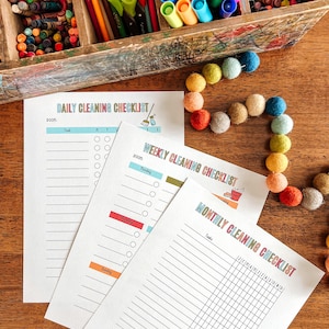 Bearbeitbare Reinigungs-Checkliste, Listen mit gemeinsamen Aufgaben, Ermutigungskarten, tägliche wöchentliche monatliche Reinigungspläne, Haushaltsaufgaben, Kinderarbeiten
