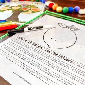 May include: A black and white printable worksheet with a lemon illustration and the text "Count it all joy, my brothers. You meet trials of various kinds. For you know that the testing of your faith produces steadfastness. James 1:2-3. www.arrowsandapplesauce.com".