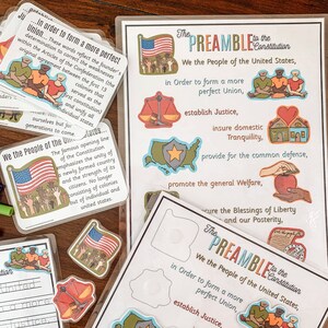 May include: A set of printable educational materials for teaching about the Preamble to the United States Constitution. The materials include a large poster with the text of the Preamble and illustrations of the key concepts, such as justice, domestic tranquility, and the common defense. There are also smaller cards with individual illustrations that can be used for matching activities or as visual aids.