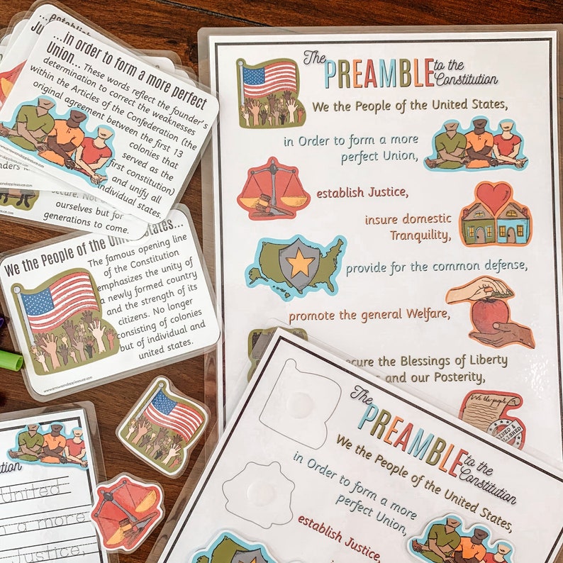 May include: A set of printable educational materials for teaching about the Preamble to the United States Constitution. The materials include a large poster with the text of the Preamble and illustrations of the key concepts, such as justice, domestic tranquility, and the common defense. There are also smaller cards with individual illustrations that can be used for matching activities or as visual aids.