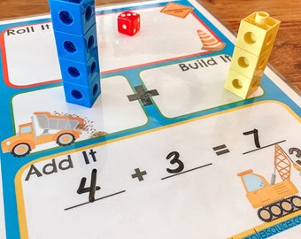 Math Dice Game, Printable Kids Addition Game, Homeschool, Counting Practice, Snap Cubes Worksheet, Kindergarten Educational Learning Tool