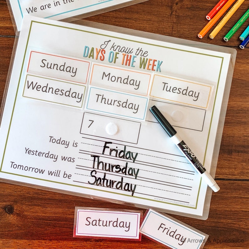 K&ouml;nnte beinhalten: Ein wei&szlig;er laminierter Lernplan mit dem Titel "Ich kenne die Tage der Woche". Der Plan hat sieben leere Felder f&uuml;r die Wochentage, wobei die W&ouml;rter "Sonntag", "Montag", "Dienstag", "Mittwoch", "Donnerstag", "Freitag" und "Samstag" in bunten K&auml;stchen darunter geschrieben sind. Der Plan enth&auml;lt auch die S&auml;tze "Heute ist", "Gestern war" und "Morgen wird sein" mit leeren Zeilen zum Eintragen der Wochentage. In der oberen rechten Ecke des Plans steht die Zahl "7". Ein schwarzer Trockenl&ouml;schmarker liegt auf dem Plan.